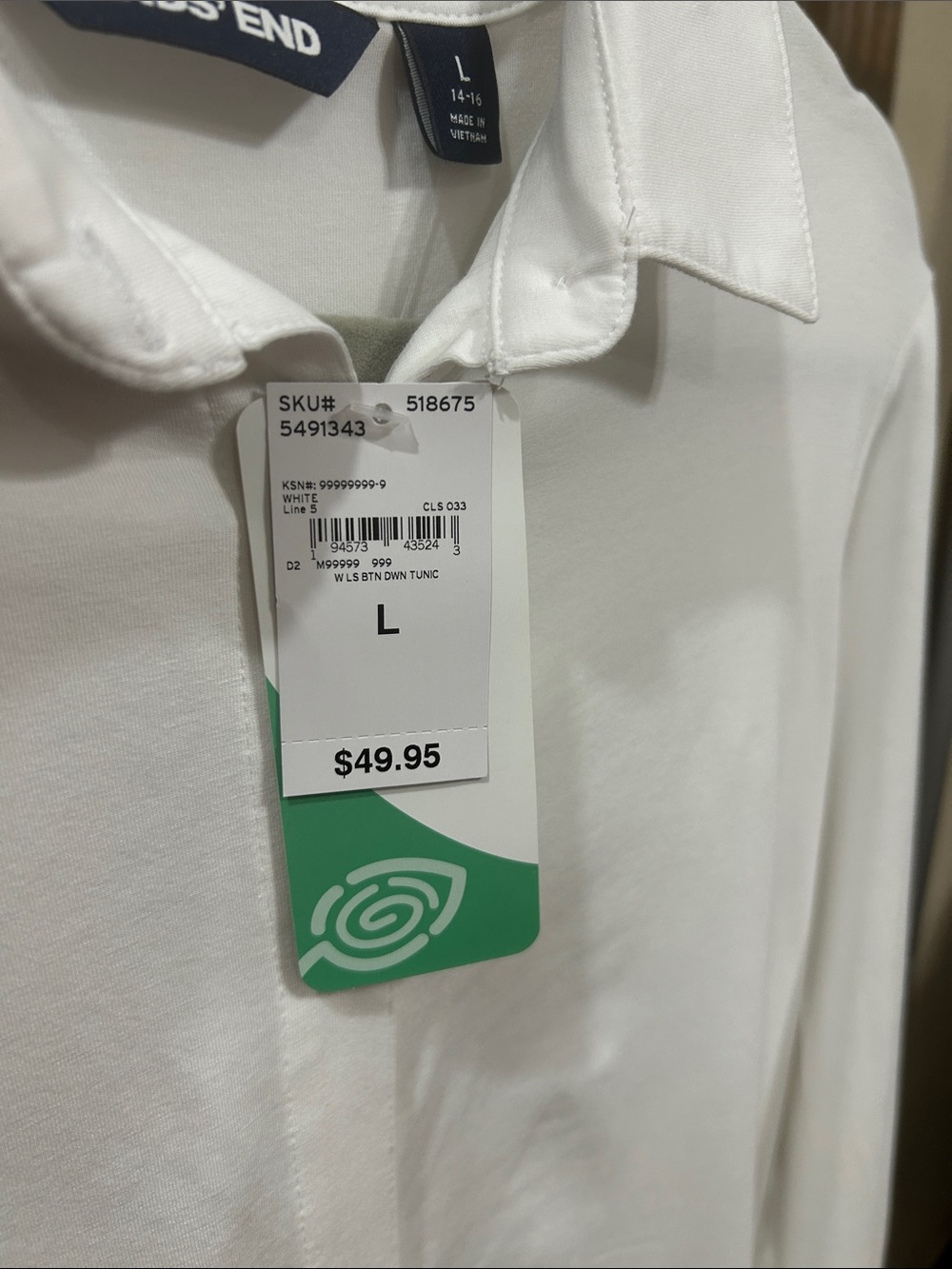 Lands’ End Tencel White Button-Down Tunic Shirt - Women’s Size L NWT